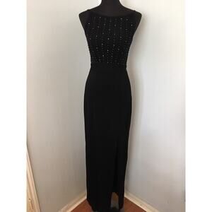 Vintage Tootsies Evening Dress L Black Rhinestone Formal High Slit Lace Up Back